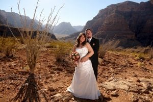 A bride and groom posing for a photo in the desert.