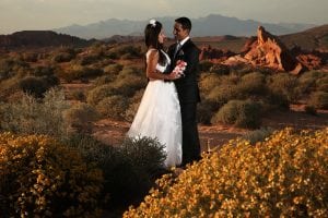 A bride and groom embracing in the desert.