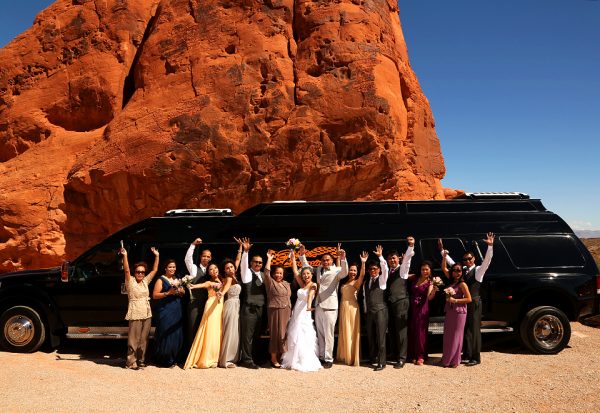 A group of wedding party standing in front of a limo.