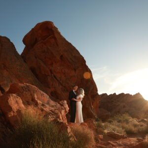A bride and groom standing on a rock in the desert.